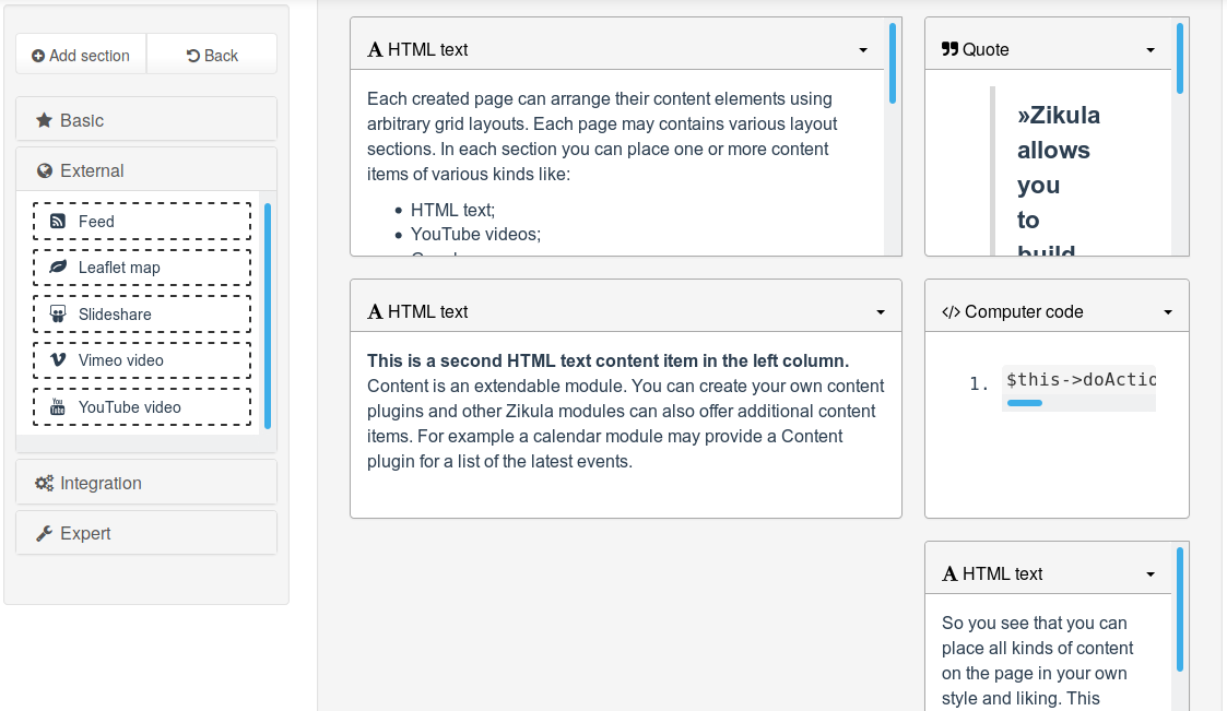 Zikula offers means for flexible content management